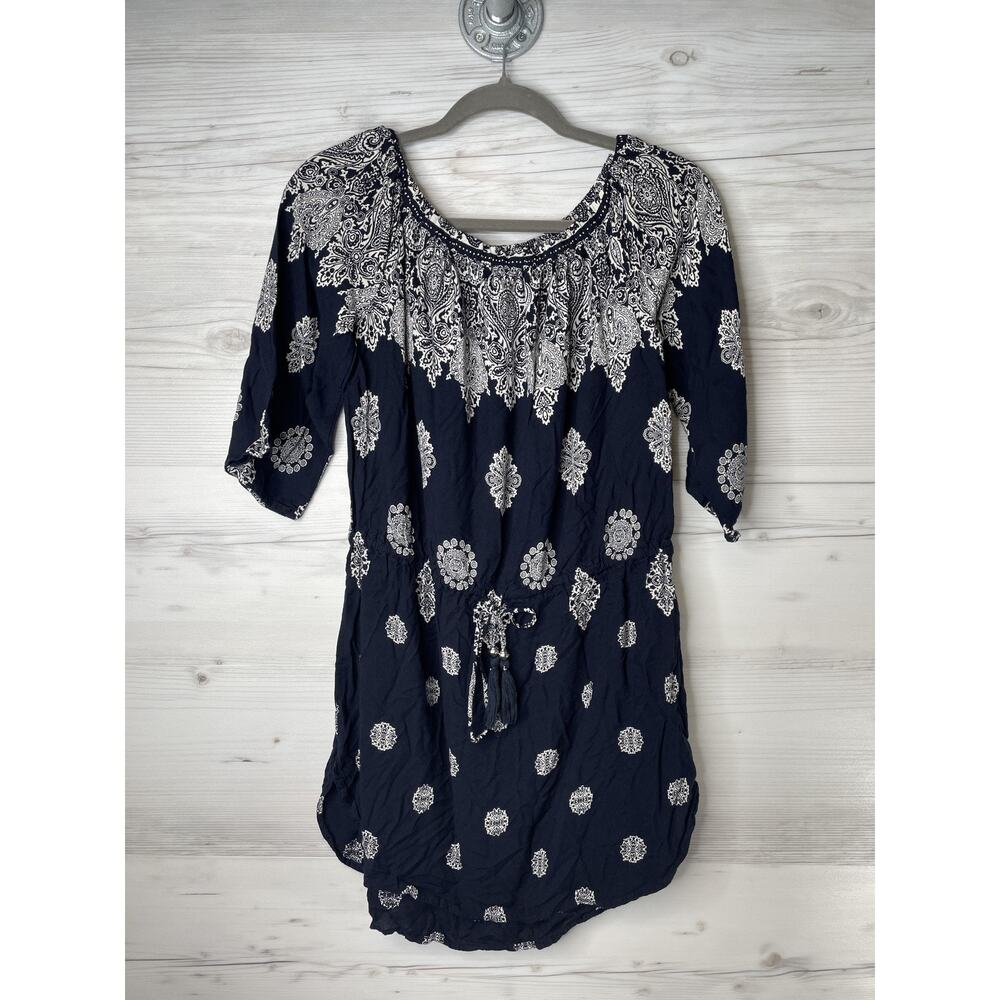 Blue Island Dress Womens Medium Navy White Paisley Boho Tunic Rayon Tassel Tie‎